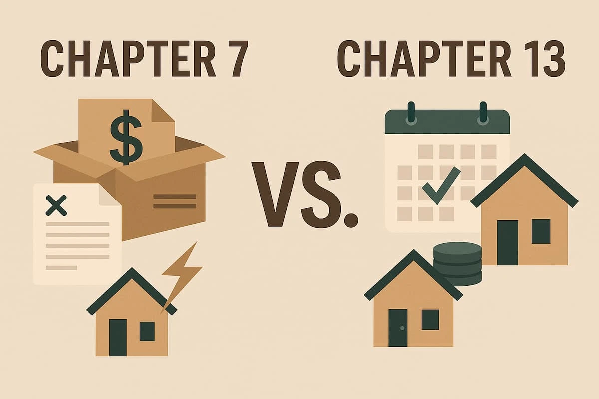 Comparación visual entre Chapter 7 y Chapter 13 de la bancarrota en Estados Unidos.