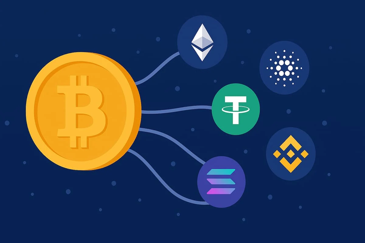 Ilustración de criptomonedas como Bitcoin, Ethereum y Cardano sobre un fondo de blockchain.