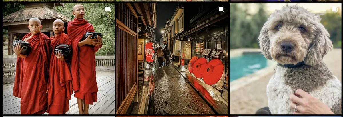 Inspiración para Todo Tipo de Viajero Collage mostrando la diversidad de las cuentas de Instagram de viajes: desde viajes culturales con monjes en Asia, a fotografía urbana en Japón y viajes con mascotas.