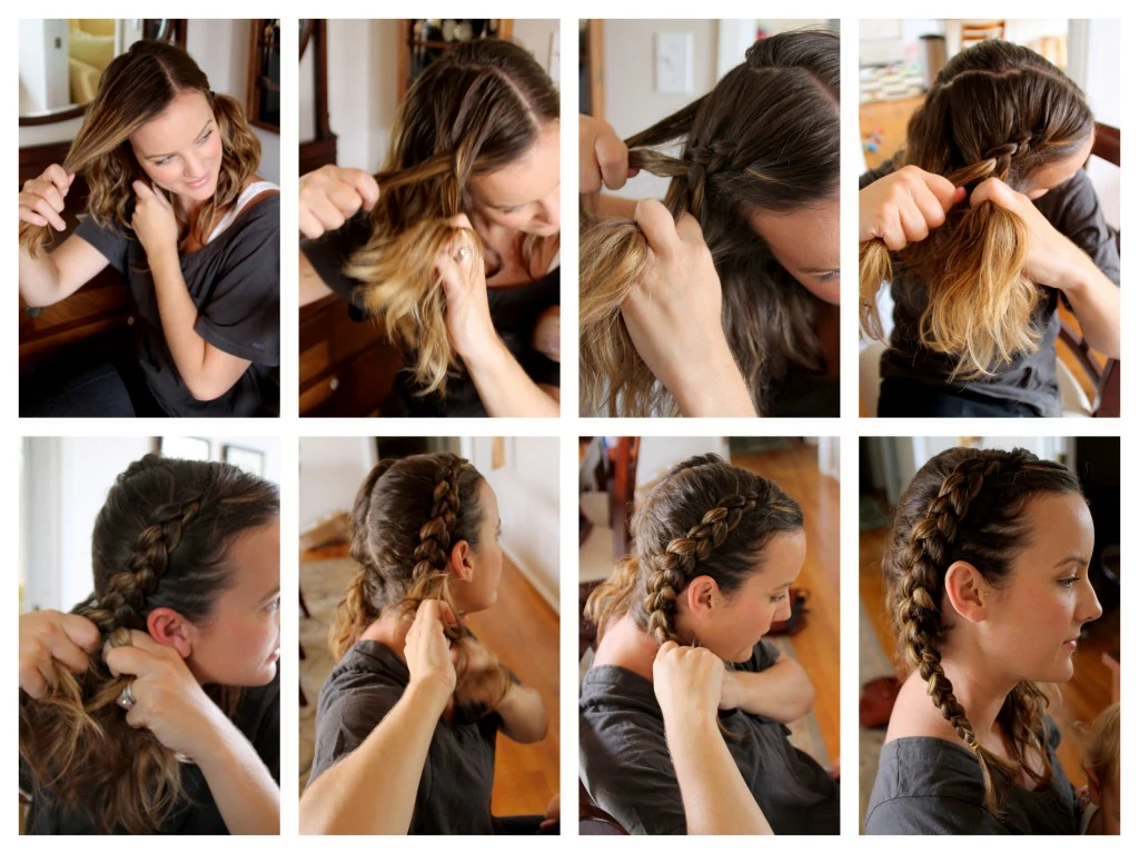 Collage paso a paso de trenza de raíz lateral estilo dutch en ocho imágenes