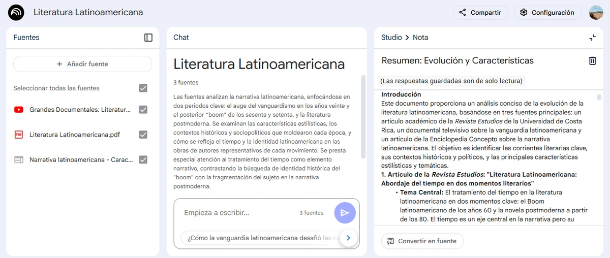 Captura de pantalla de la función de glosario en NotebookLM, mostrando cómo la IA genera un resumen y define términos clave sobre un tema específico, en este caso, literatura