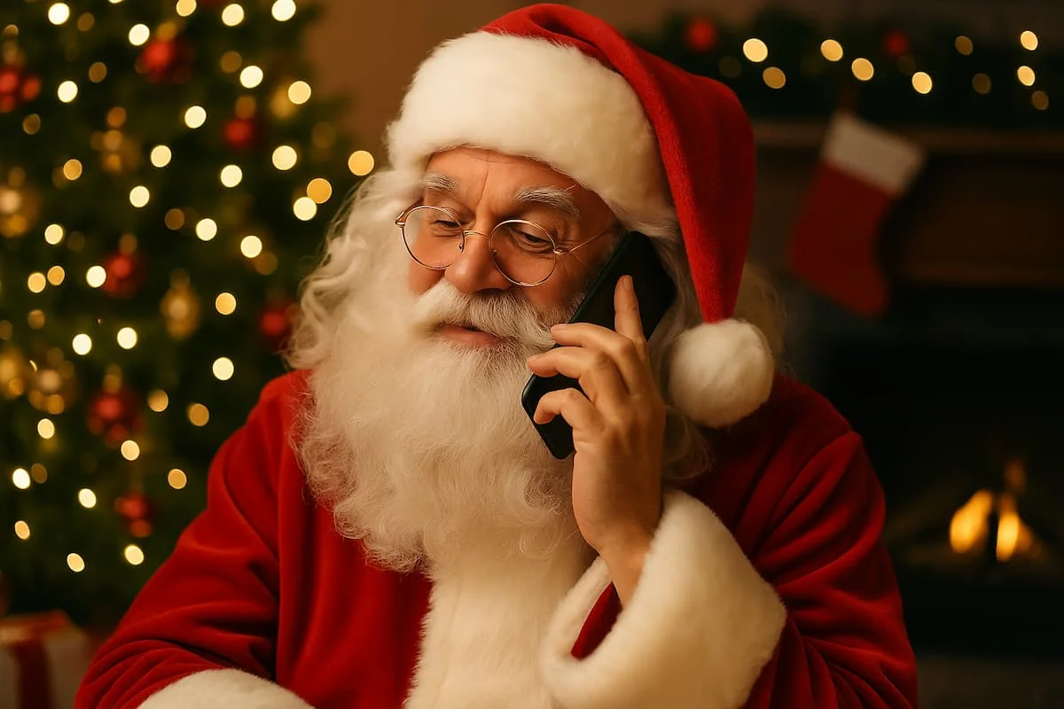 Santa Claus usando un teléfono celular en una sala navideña con árbol iluminado y chimenea de fondo.