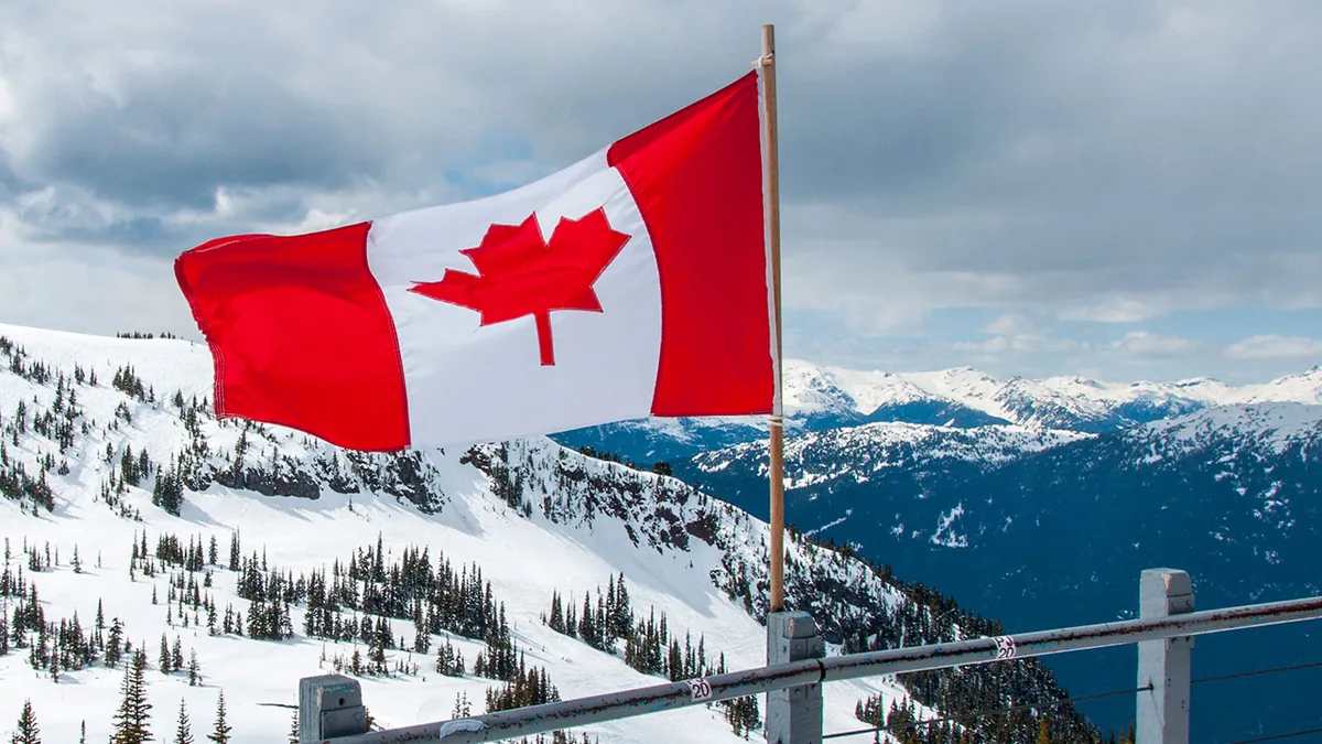 Bandera de Canadá ondeando junto a montañas nevadas y bosque de pinos