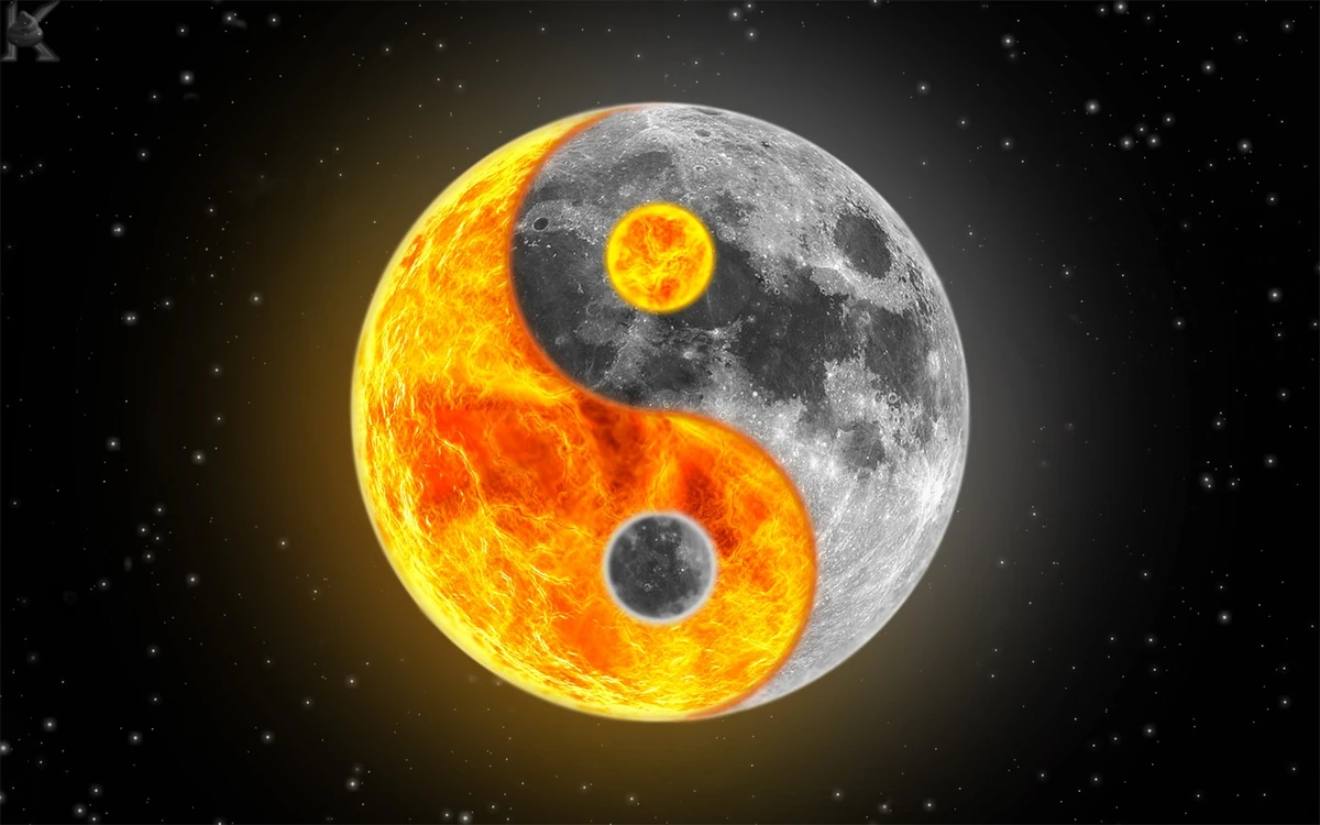 Símbolo del yin y yang formado por un sol ardiente y una luna gris