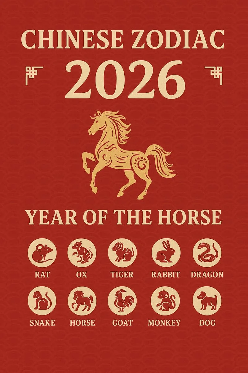 Ilustración del horóscopo chino 2026 con un caballo dorado sobre fondo rojo, símbolo del Año del Caballo de Fuego.